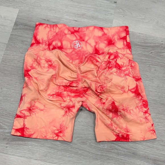 Red and Peach Tie-Dye Work Out Shorts - Picture 1 of 4